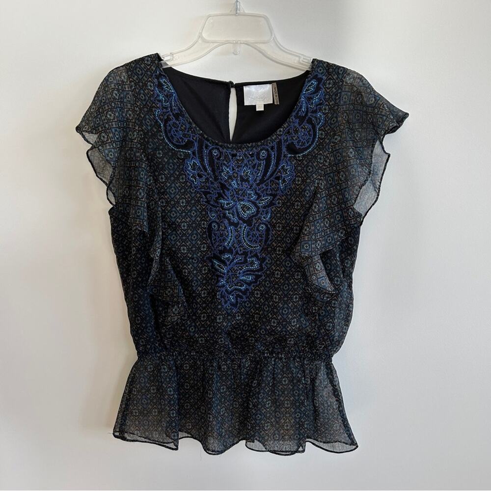 Anthropologie Luluvia Black/Navy Embroidered Flowy Peplum Blouse Size Medium